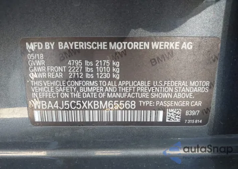 2019 BMW 440I Gran Coupe z USA, uszkodzony, nr VIN WBA4J5C5XKBM65568